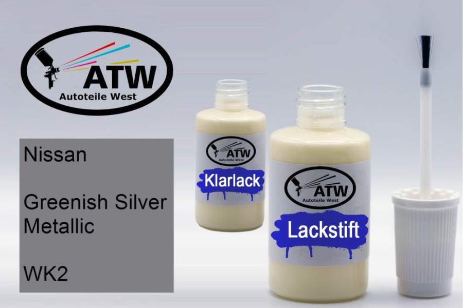 Nissan, Greenish Silver Metallic, WK2: 20ml Lackstift + 20ml Klarlack - Set, von ATW Autoteile West.